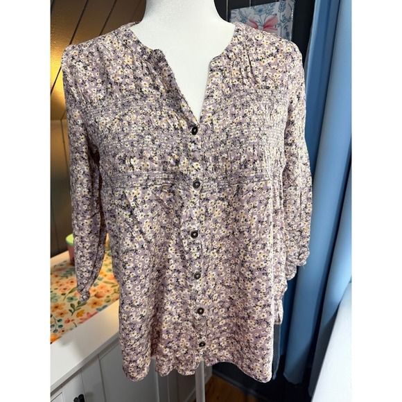 Knox Rose Tops - Knox Rose Purple Floral Smocked Button Front Blouse Boho Rayon Top Womens L